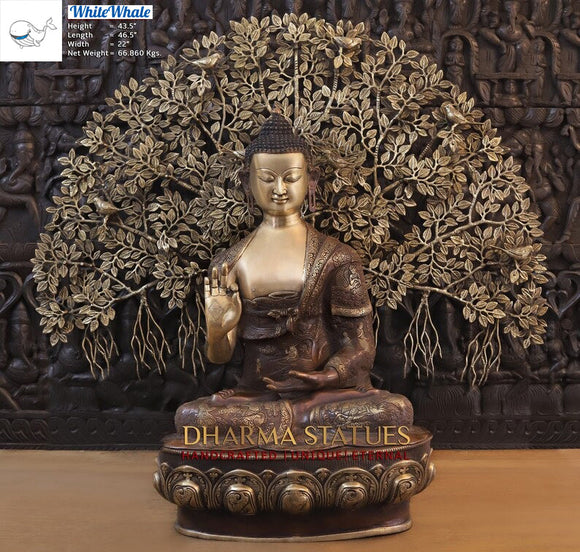 White Whale Brass Dhyana Buddha Meditating Under a Tree of Life - Rustic Copper and Mystique Gold Finish