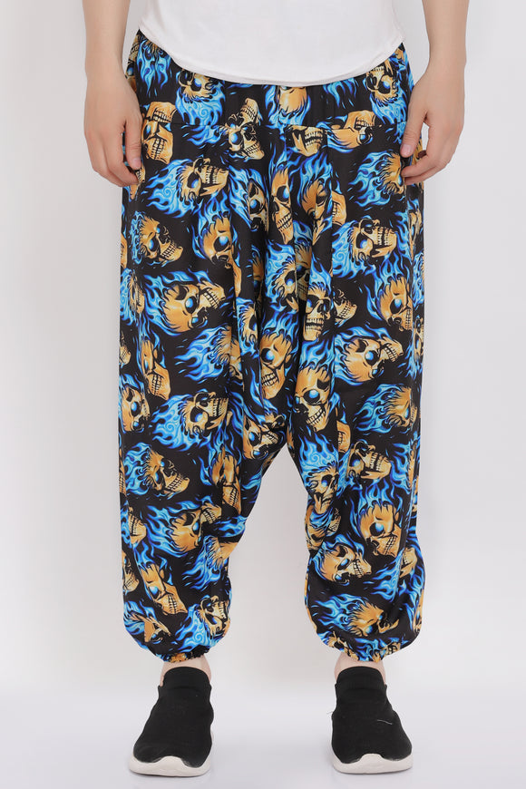 Whitewhale Mens Cotton Skull Printed Harem Pants Pockets Yoga Trousers Hippie
