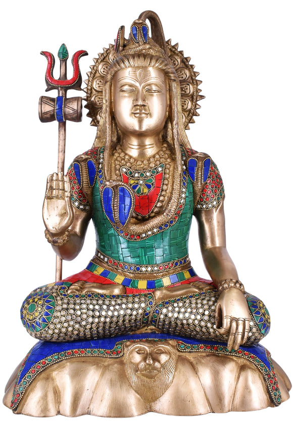 White Whale Lord Shiva Brass Statue with Multicolor Stone Work Idol Sculpture Hindu God Natraja Shiv Figurine Home Decor Showpiece Statue