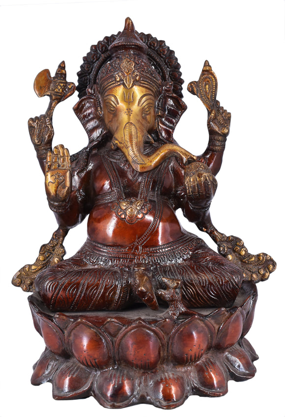 White Whale Brass Lord Ganesha Sitting On Lotus Statue Idol Home Decor Figurine