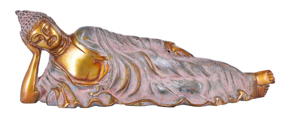 White Whale Large Brass Reclining Buddha Statue in Resting Pose with Multicolor Stone Work feng Shui Home Decorative Showpiece