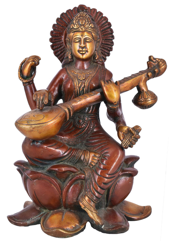 White Whale Maa Saraswati Brass Statue Religious Goddess Sculpture Idol Home Décor