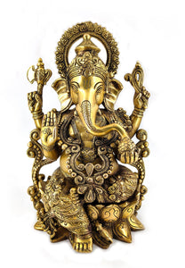 White Whale Large Lord Ganesha Sitting On Lotus Brass Idol Hindu Good Luck God Deity Ganesh Statue -Hindu Ganesha Idol Sculptures Home Décor