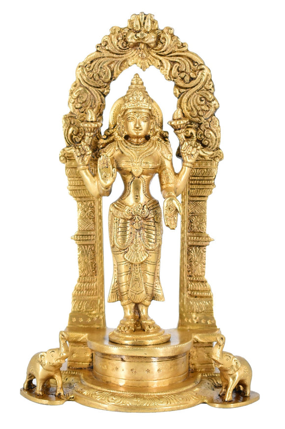 White Whale BraStanding Goddess Lakshmi with Prabhavali - Brass Statue for Home Decor Mandir Pooja Carved Frame with Kirtimuka