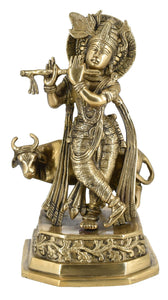 White Whale Lord Krishna with Cow Brass Statue Religious Strength God Sculpture Idol Home Decor Figurine