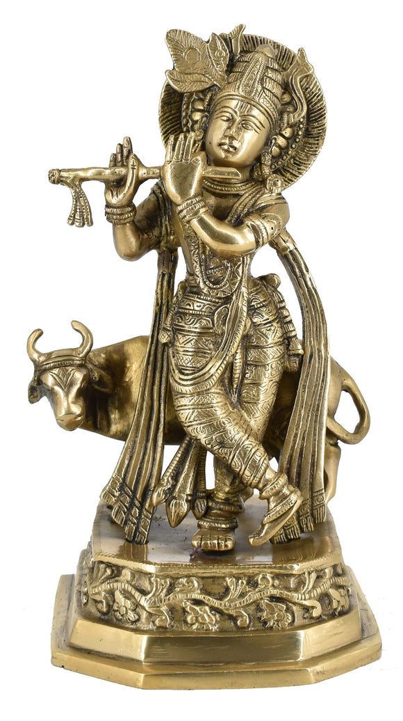 White Whale Lord Krishna with Cow Brass Statue Religious Strength God Sculpture Idol Home Decor Figurine