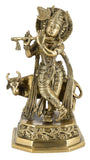 White Whale Lord Krishna with Cow Brass Statue Religious Strength God Sculpture Idol Home Decor Figurine
