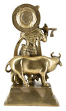 White Whale Lord Krishna with Cow Brass Statue Religious Strength God Sculpture Idol Home Decor Figurine
