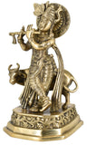 White Whale Lord Krishna with Cow Brass Statue Religious Strength God Sculpture Idol Home Decor Figurine