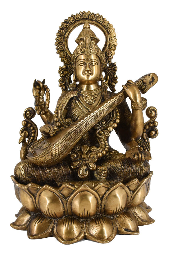 White Whale Antique Maa Saraswati Brass Statue Religious Goddess Sculpture Idol Home Décor