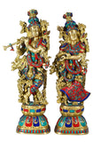 White Whale Brass Lord Radha Krishna Couple Bhagwan Large Statue Sculpture Turquoise Murti for Home Decor Pooja Temple - 29 Inch