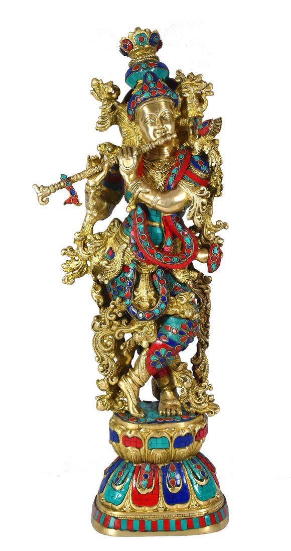 White Whale Brass Lord Krishna Idol Bhagwan Large Statue Multicolor Turquoise Murti for Home Decor Pooja Room - 29 Inch