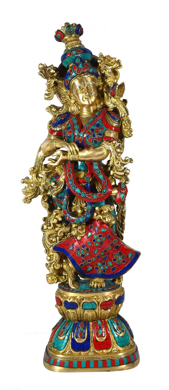 White Whale Brass Radha Statue Big Large Size, Big Large Size Brass Goddess Radha Idol with Stone Work, Indian Lady Sculpture - 29 Inches