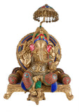 White Whale Brass Mangalkari Ganesha Sitting On Singhasan Bhagwan Idol Ganesha Statue Ganpati Murti Home Décor