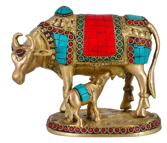 White Whale Brass Kamdhenu Cow and Calf Idol Showpiece for Home Decor and Decorative Gift