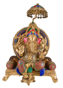 White Whale Brass Mangalkari Ganesha Sitting On Singhasan Bhagwan Idol Ganesha Statue Ganpati Murti Home Décor