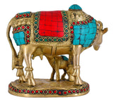White Whale Brass Kamdhenu Cow and Calf Idol Showpiece for Home Decor and Decorative Gift