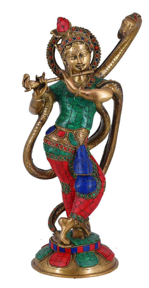 White Whale Brass Lord Krishna Idol Bhagwan Large Statue Multicolor Turquoise Murti for Home Decor Pooja Room