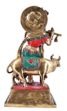 White Whale Lord Krishna with Cow Brass Statue Religious Strength God Sculpture Idol Home Decor Figurine