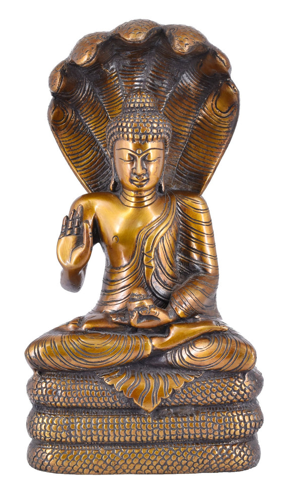White Whale Brass Buddha Sculpture Captured in Meditation on Muchalinda the 7 Headed King of Nagas Home Décor