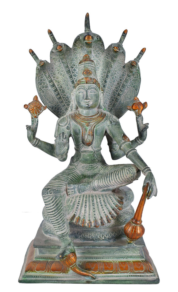 White Whale Lord Vishnu Sitting Upon Shesha Naag Brass Statue Religious Strength Sculpture Idol Home Décor