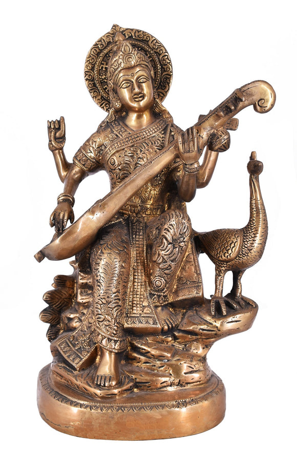 White Whale Maa Saraswati Brass Statue Religious Goddess Sculpture Idol Home Decor