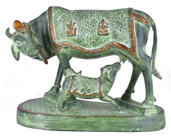 White Whale Brass Kamdhenu Cow and Calf Idol Showpiece for Home Decor and Decorative Gift