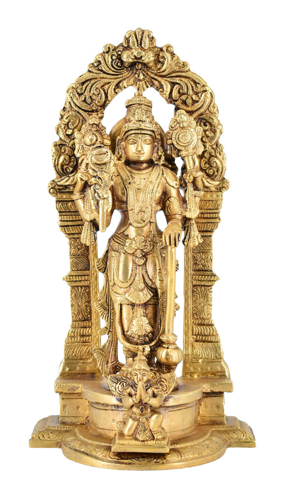 White Whale Brass Lord Bhagwan Vishnu Narayan Statue Idol Murti with Garuda for Home Decor Carved Frame with Kirtimuka
