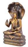 White Whale Brass Buddha Sculpture Captured in Meditation on Muchalinda the 7 Headed King of Nagas Home Décor