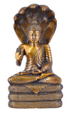 White Whale Brass Buddha Sculpture Captured in Meditation on Muchalinda the 7 Headed King of Nagas Home Décor