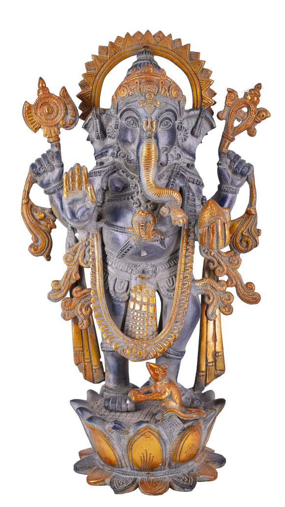 White Whale Brass Antique Lord Standing Ganesha Brass Statue Religious Strength God Sculpture Idol Home Decor