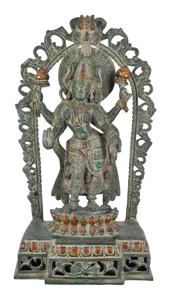 White Whale Brass Antique Green Standing Goddess Lakshmi with Prabhavali - Brass Statue for Home Decor Mandir Pooja Home Decor