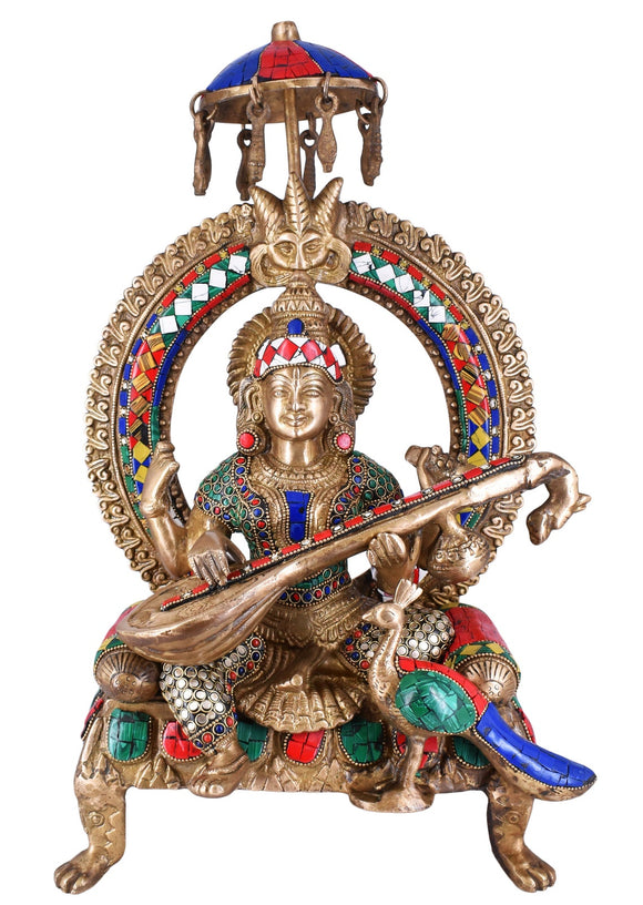 White Whale Maa Saraswati Brass Statue Religious Goddess Sculpture Idol Home Decor