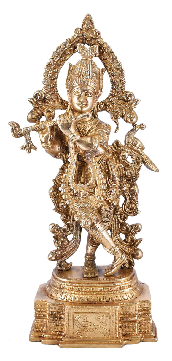 White Whale Brass Lord Krishna Bhagwan Playing Flute Murti Gold Statue Home Decor