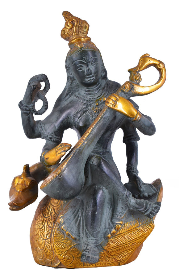 White Whale Maa Saraswati Brass Statue Religious Goddess Sculpture Idol Home Decor