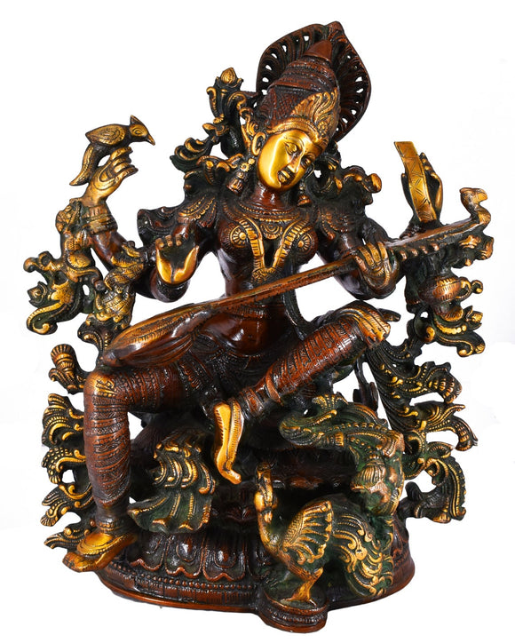 White Whale Maa Saraswati Brass Statue Religious Goddess Sculpture Idol Home Décor.
