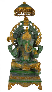 White Whale Brass Mangalkari Ganesha Sitting On Singhasan Bhagwan Idol Ganesha Statue Ganpati Murti Home Décor