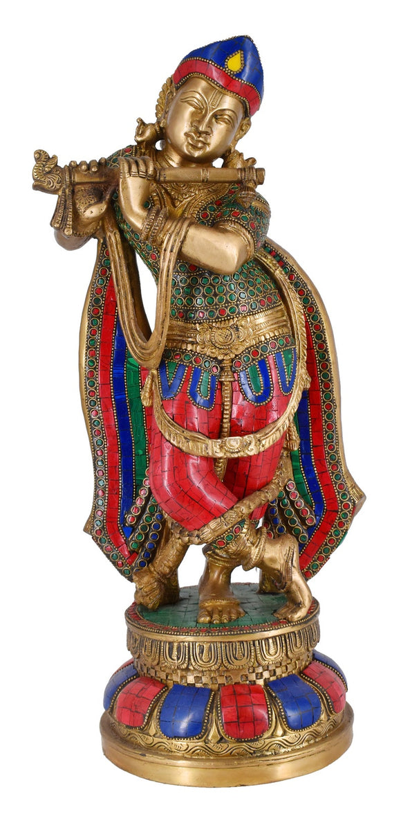 White Whale Brass Lord Krishna Bhagwan Playing Flute God Metal Murti Antique Gold Multicolor Stone Statue