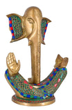 White Whale Brass Lord Ganesha Idol/Brass Lord Ganesha Statue in Modern Art with Antique Stonework Finish Home Décor