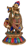 White Whale Lord Krishna Idol with Nandi Cow Brass Statue Idol Showpiece Statue Sculpture Murti