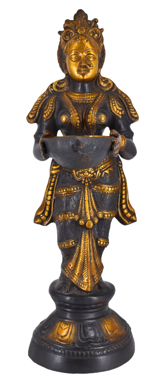 White Whale Brass Deeplaxmi Statue/Hand Carved Religious Standing Goddess Lakshmi/Diwali Oil Lamp Laxmi/Diya Holding Lady/Temple Decor Art