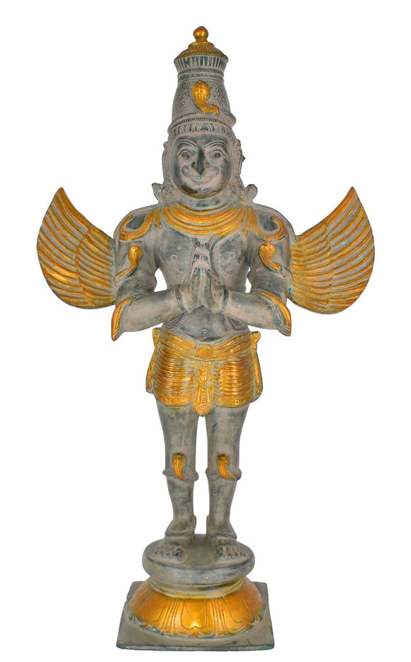 White Whale Antique Garuda Dev Standing Brass Showpiece Religious Strength Sculpture Idol Home Décor