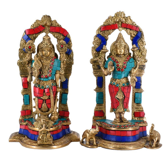 White Whale Brass Lord Vishnu and Lakshmi Statue Idol Murti for Home Decor Mandir Pooja Carved Frame with Kirtimuka