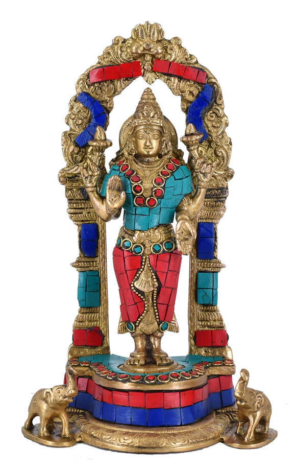 White Whale Standing Goddess Lakshmi with Prabhavali - Brass Statue for Home Decor Mandir Pooja