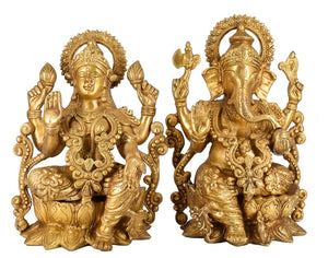 White Whale Brass Laxmi Ganesh Set Idol Showpiece - Brass Gold Finish Lakshmi Ganesha Idols Statue for Diwali Gifts Puja Home Decor Figurine