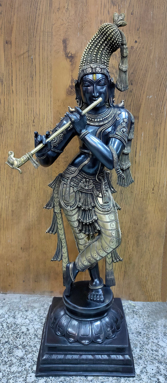 White Whale Brass Standing Lord Krishna Idol Bhagwan Large Statue Antique Murti for Home Decor Pooja Room - 35 Inch