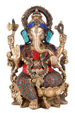 White Whale Large Lord Ganesha Sitting On Lotus Brass Idol Hindu Good Luck God Deity Ganesh Statue -Hindu Ganesha Idol Sculptures Home Décor