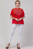 Whitewhale Casual Flared Sleeves Embroidered Women Red Top