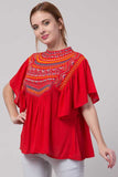 Whitewhale Casual Flared Sleeves Embroidered Women Red Top