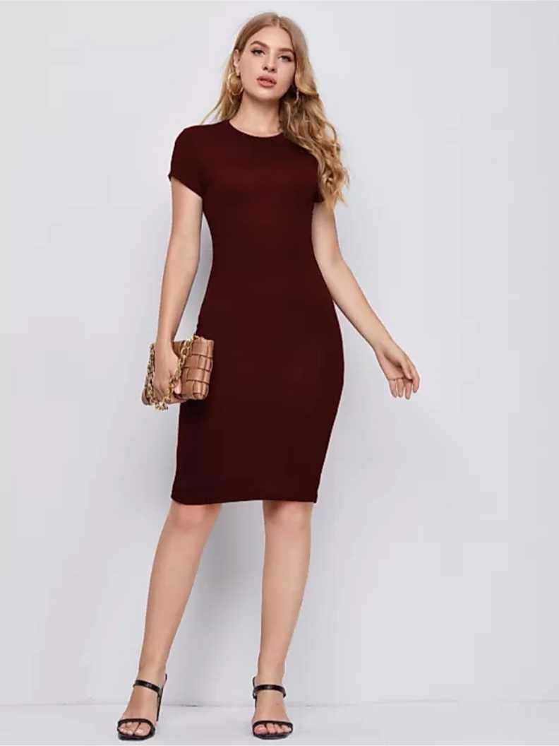 Knee Length Party Bodycon One Piece Dress Maroon Bodycon Dress